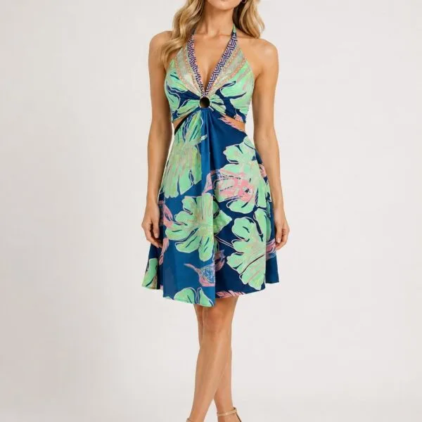 Navy Hibiscus Halter Cutout Mini Dress