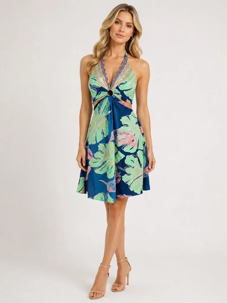 Navy Hibiscus Halter Cutout Mini Dress