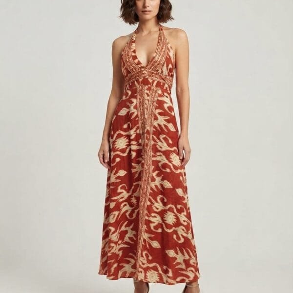 Crimson Bloom Halter Embroidered Maxi Dress