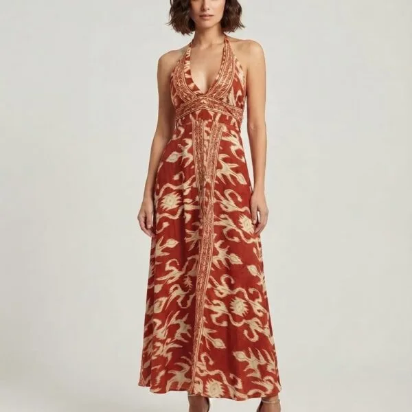 Crimson Bloom Halter Embroidered Maxi Dress