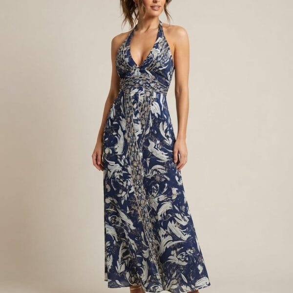 Indigo Paisley Halter Embroidered Maxi Dress