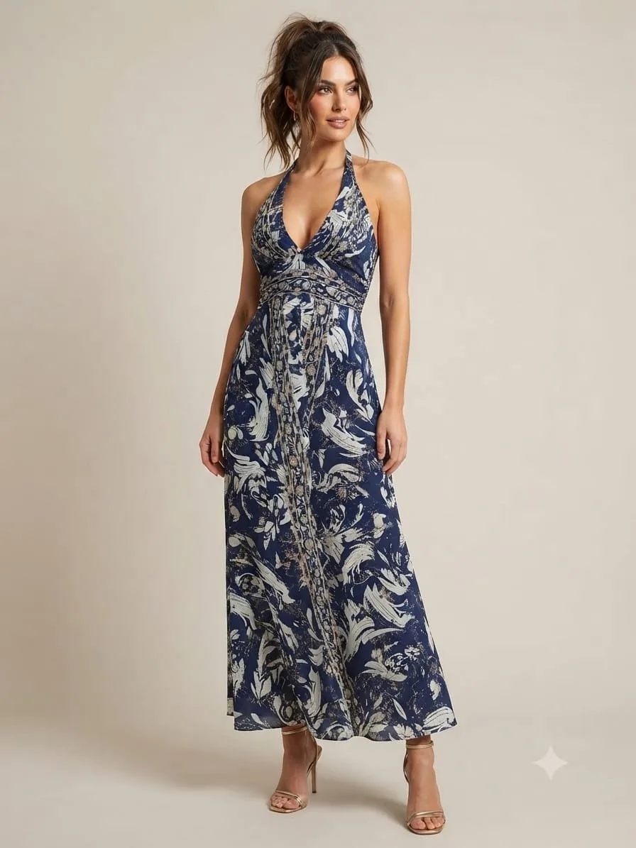 Indigo Paisley Halter Embroidered Maxi Dress