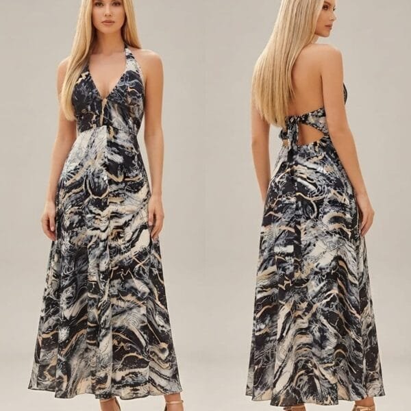 Ink Marble Halter Embroidered Maxi Dress
