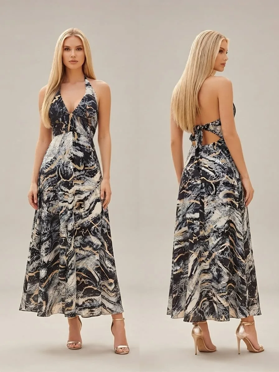 Ink Marble Halter Embroidered Maxi Dress