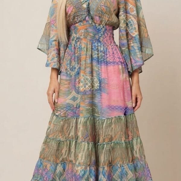 Pastel Patchwork Kimono-Sleeve Tiered Maxi Dress