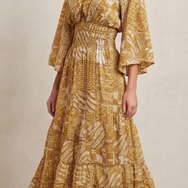 Golden Ochre Kimono-Sleeve Tiered Maxi Dress
