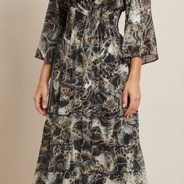 Charcoal Bloom Kimono-Sleeve Tiered Maxi Dress