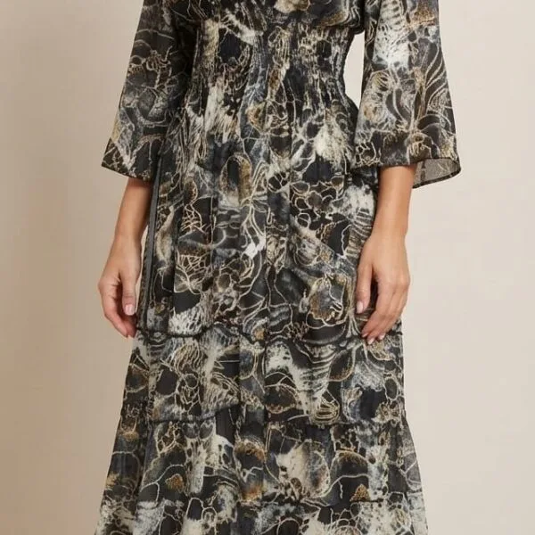 Charcoal Bloom Kimono-Sleeve Tiered Maxi Dress
