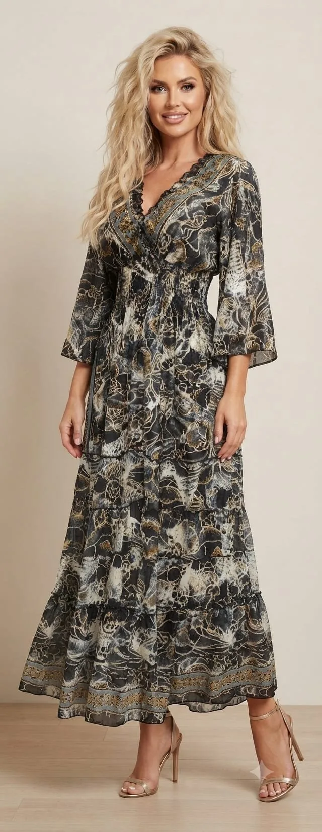Charcoal Bloom Kimono-Sleeve Tiered Maxi Dress