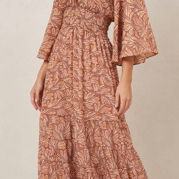 Coral Clay Kimono-Sleeve Tiered Maxi Dress