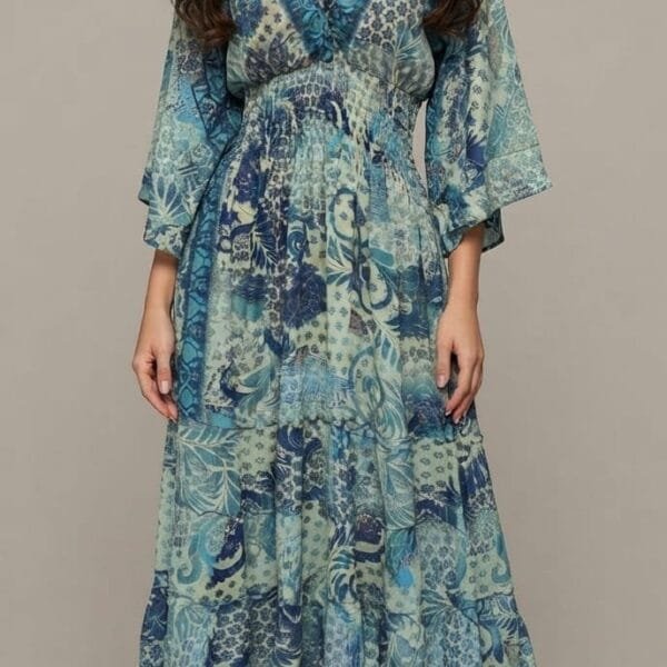 Teal Paisley Kimono-Sleeve Tiered Maxi Dress