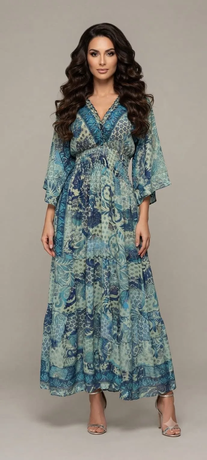 Teal Paisley Kimono-Sleeve Tiered Maxi Dress