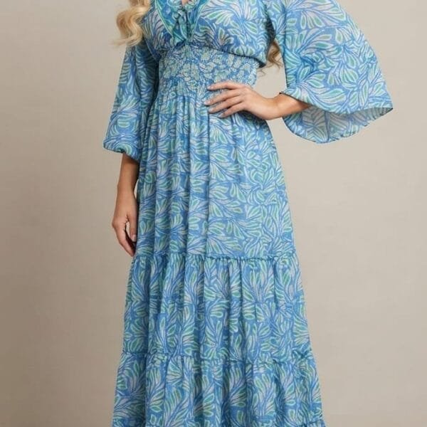 Sky Paisley Kimono-Sleeve Tiered Maxi Dress