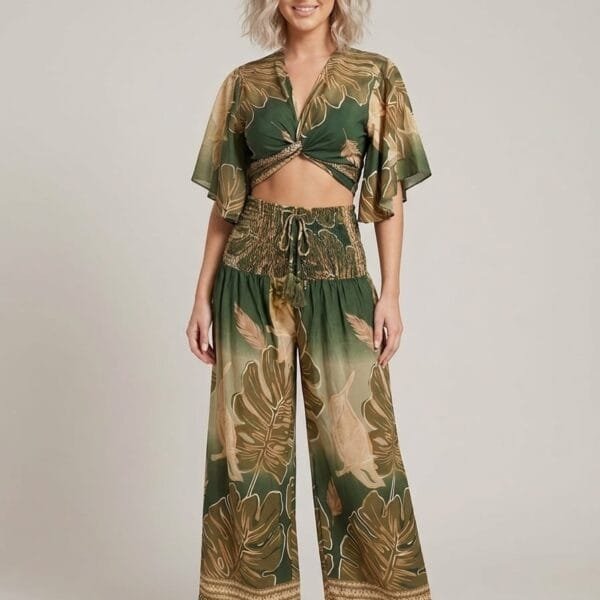 Olive Gilt Tie Front Crop Top & Wide Leg Pants Set