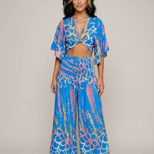 Azure Bloom Tie Front Crop Top & Wide Leg Pants Set