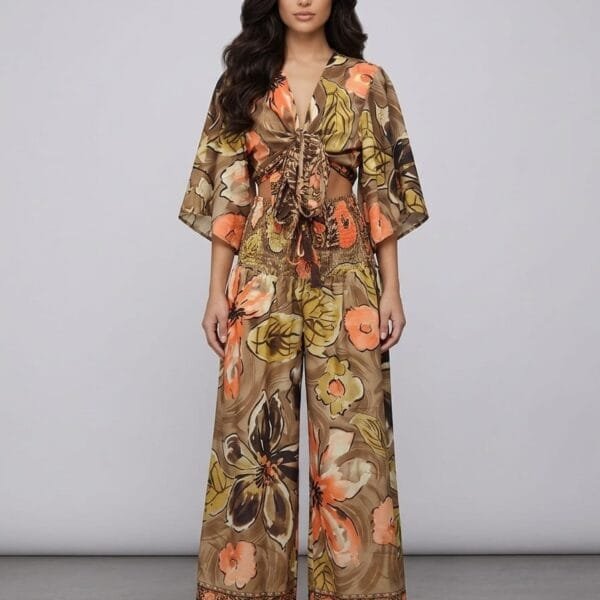 Bronze Bloom Tie Front Crop Top & Wide Leg Pants Set