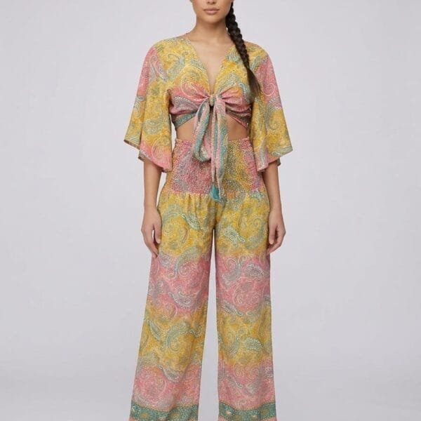 Sorbet Bloom Tie Front Crop Top & Wide Leg Pants Set
