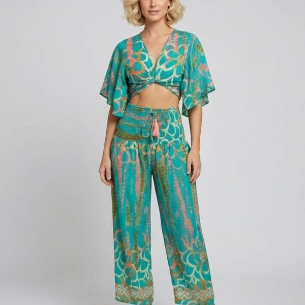 Jade Gold Tie Front Crop Top & Wide Leg Pants Set