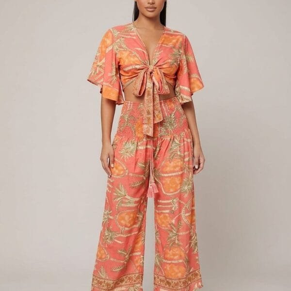 Coral Sunset Tie Front Crop Top & Wide Leg Pants Set