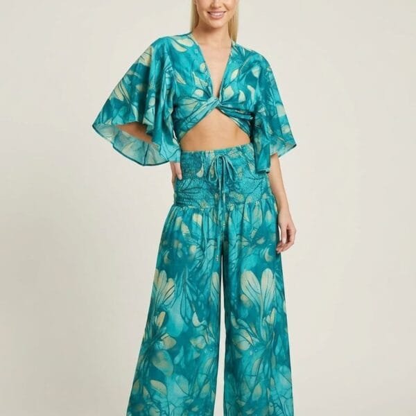 Teal Bloom Tie Front Crop Top & Wide Leg Pants Set