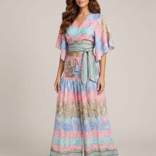 Pastel Stripe Tie Front Crop Top & Wide Leg Pants Set