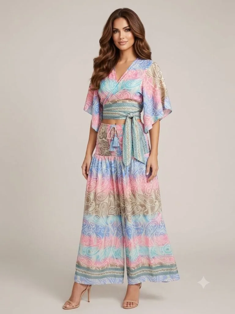 Pastel Stripe Tie Front Crop Top & Wide Leg Pants Set
