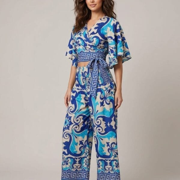 Cobalt Baroque Tie Front Crop Top & Wide Leg Pants Set