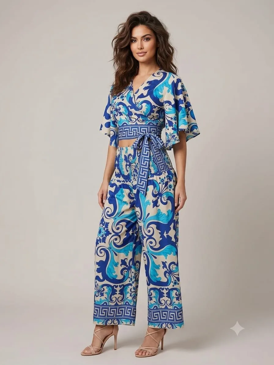 Cobalt Baroque Tie Front Crop Top & Wide Leg Pants Set