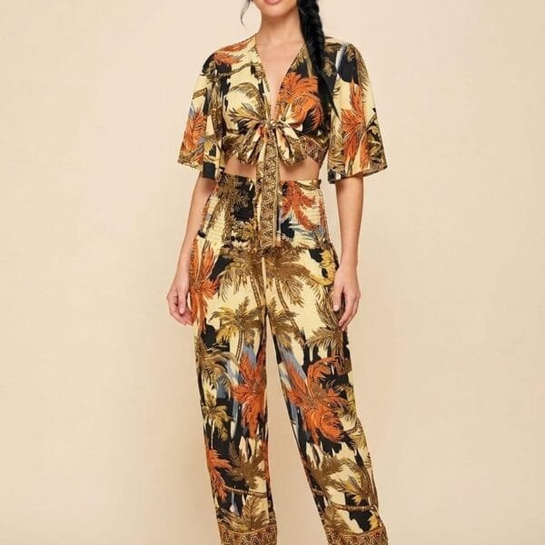 Gilded Ember Tie Front Crop Top & Wide Leg Pants Set