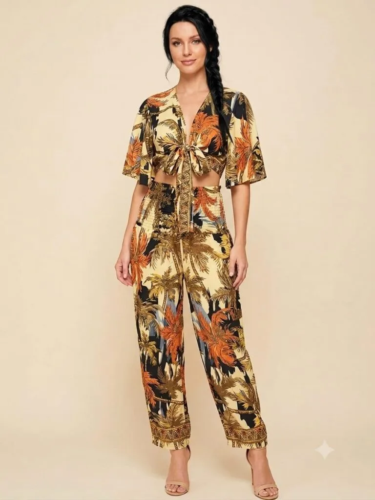Gilded Ember Tie Front Crop Top & Wide Leg Pants Set