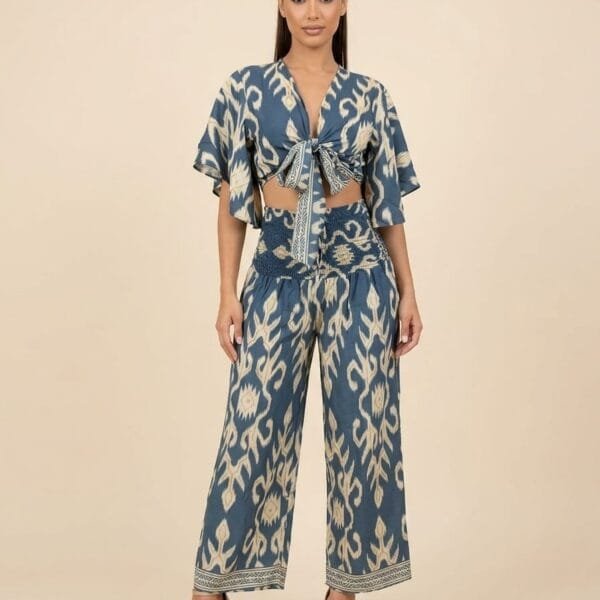 Slate Damask Tie Front Crop Top & Wide Leg Pants Set