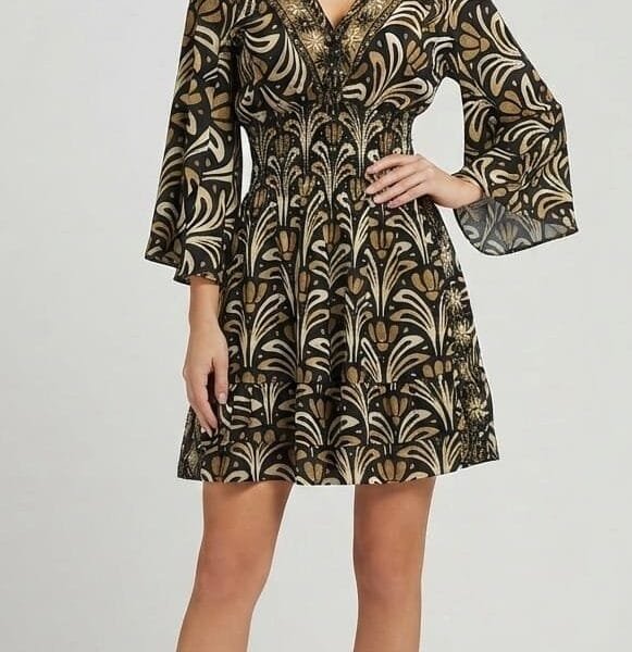 Midnight Gold Bell Sleeve Tiered Mini Dress