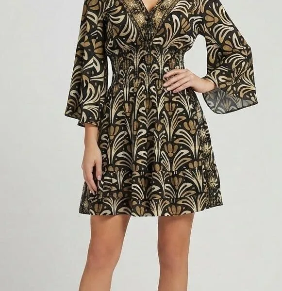 Midnight Gold Bell Sleeve Tiered Mini Dress