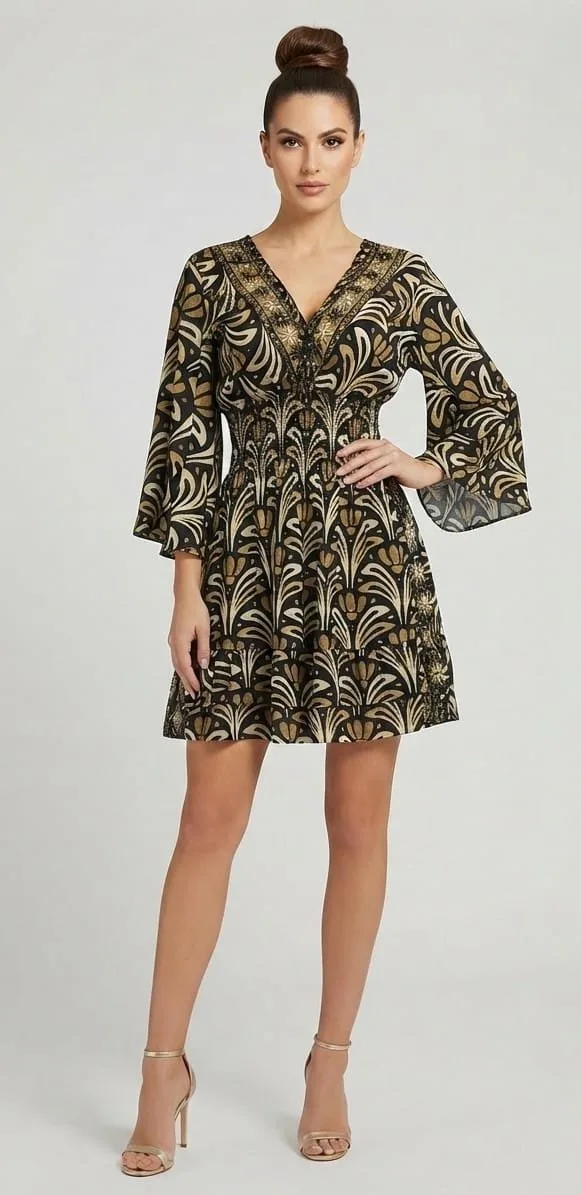 Midnight Gold Bell Sleeve Tiered Mini Dress
