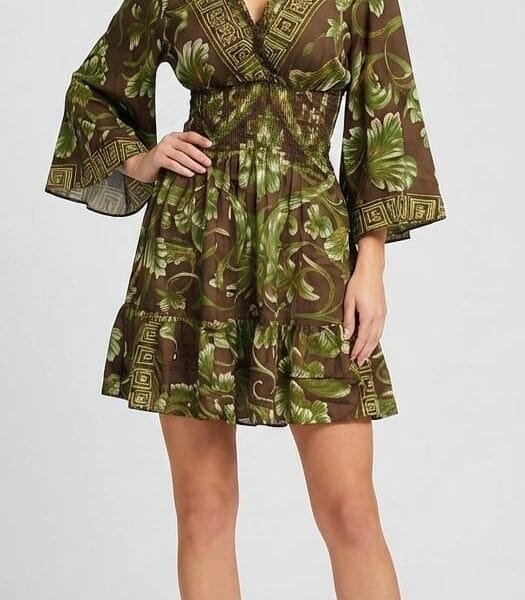 Olive Paisley Bell Sleeve Tiered Mini Dress