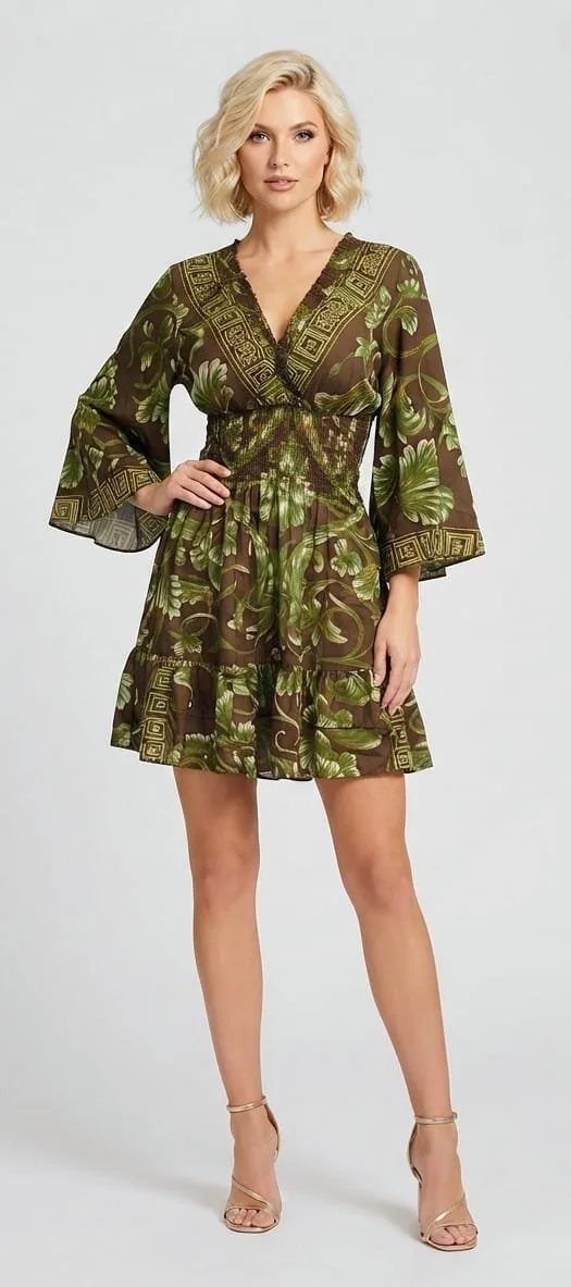 Olive Paisley Bell Sleeve Tiered Mini Dress