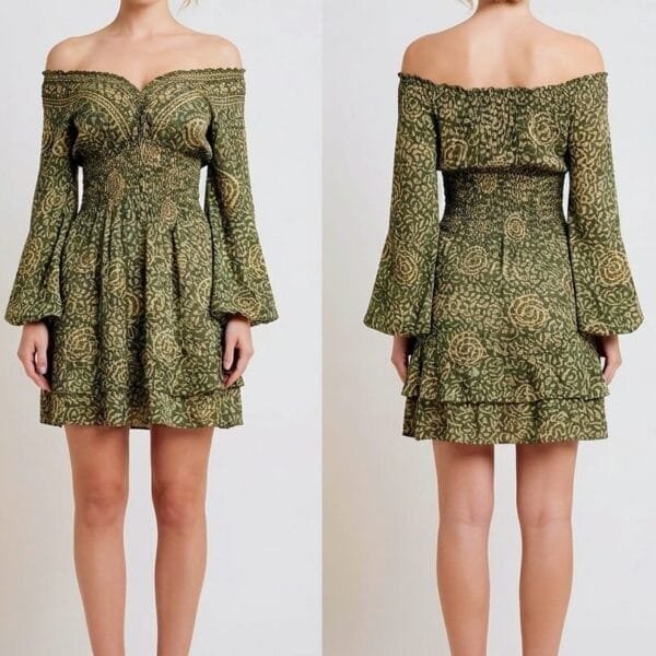 Moss Print Bell Sleeve Tiered Mini Dress