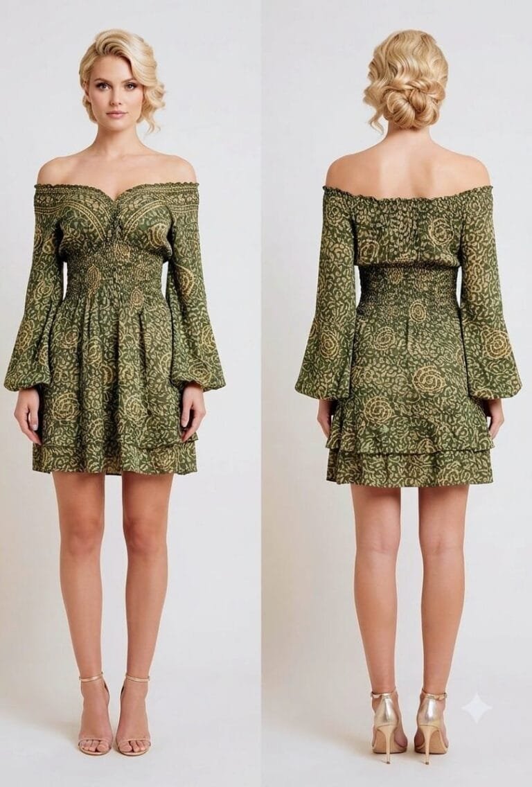 Moss Print Bell Sleeve Tiered Mini Dress