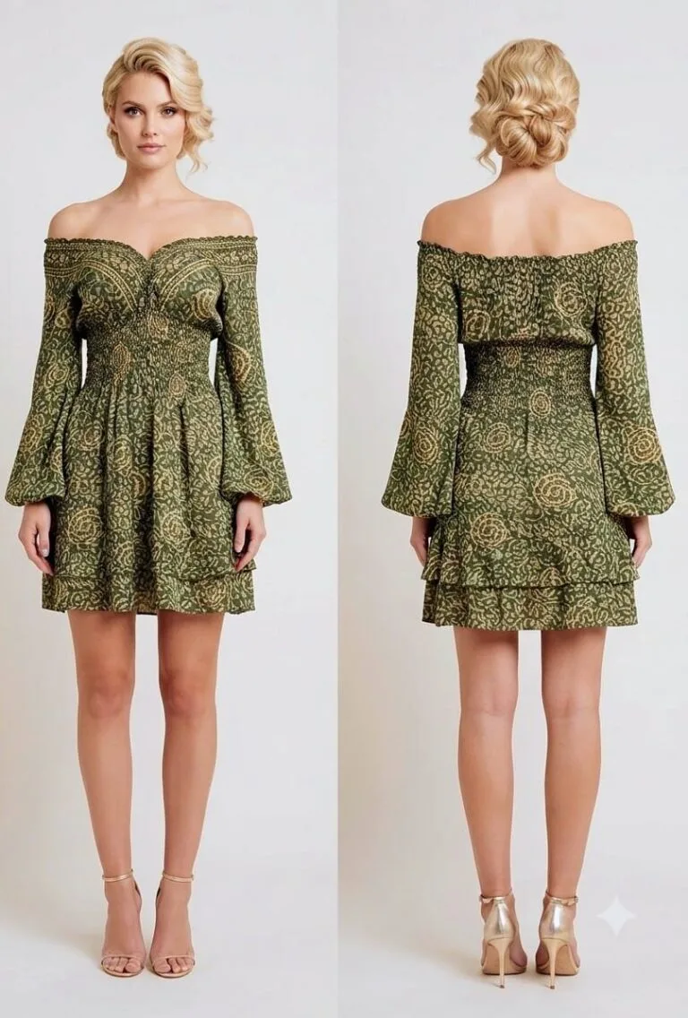 Moss Print Bell Sleeve Tiered Mini Dress
