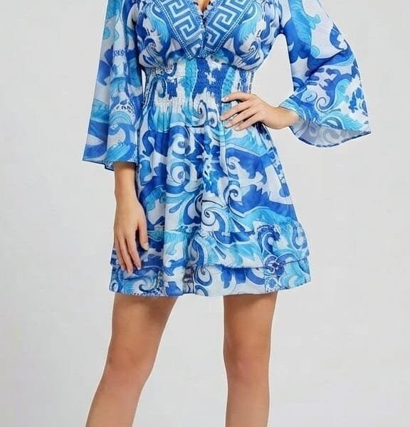 Porcelain Bloom Bell Sleeve Tiered Mini Dress