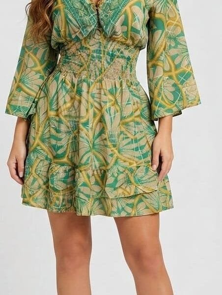 Fern Gold Bell Sleeve Tiered Mini Dress