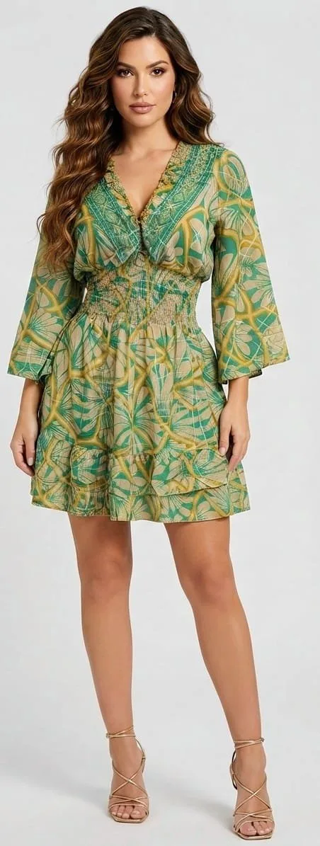 Fern Gold Bell Sleeve Tiered Mini Dress