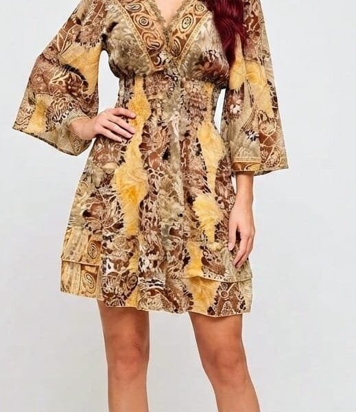 Marigold Bell Sleeve Tiered Mini Dress