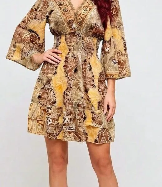 Marigold Bell Sleeve Tiered Mini Dress