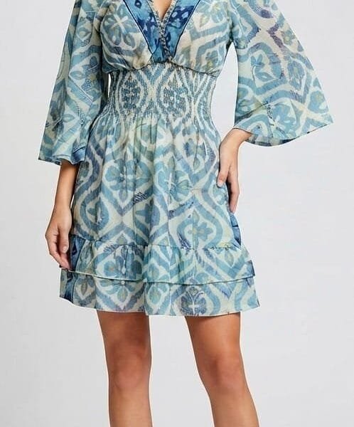 Aqua Ikat Bell Sleeve Tiered Mini Dress