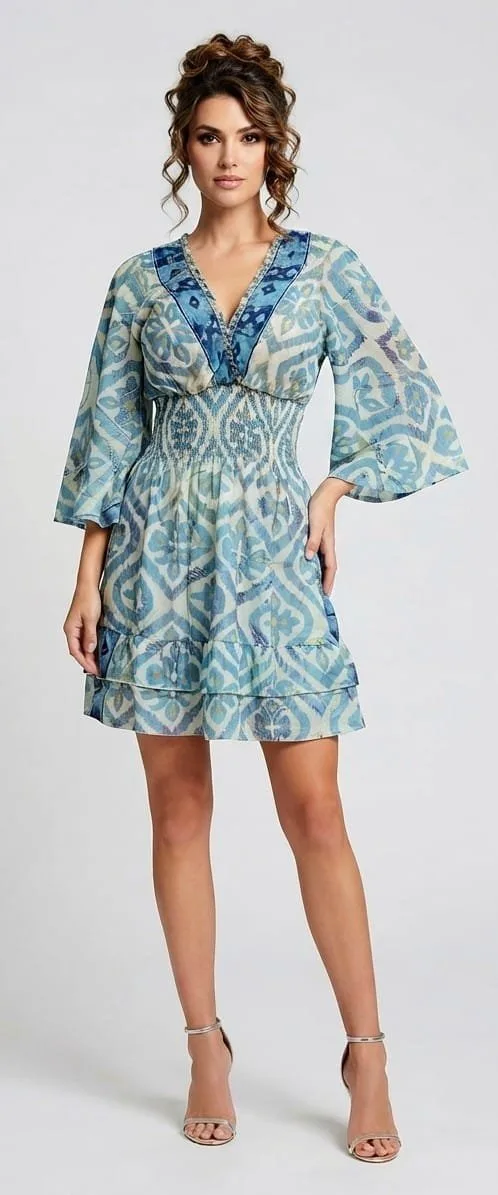 Aqua Ikat Bell Sleeve Tiered Mini Dress