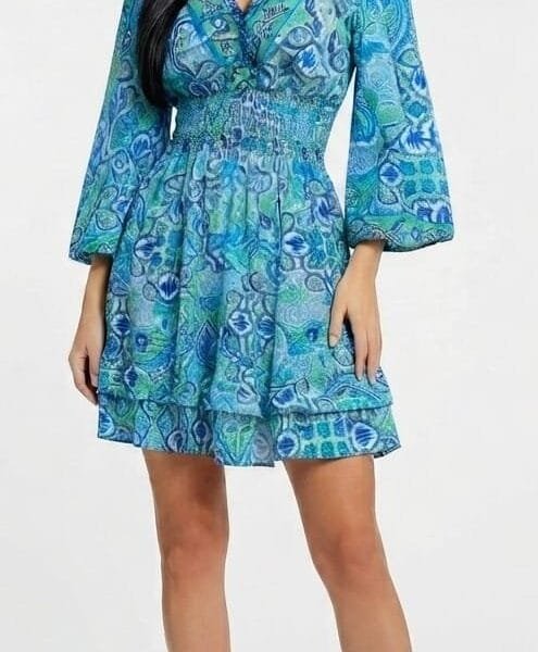Cerulean Bloom Bell Sleeve Tiered Mini Dress