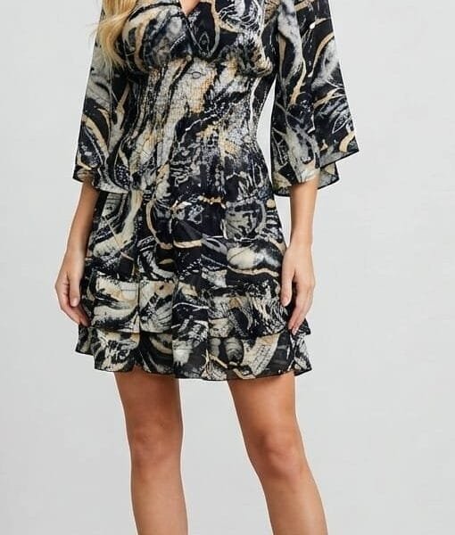 Ink Abstract Bell Sleeve Tiered Mini Dress