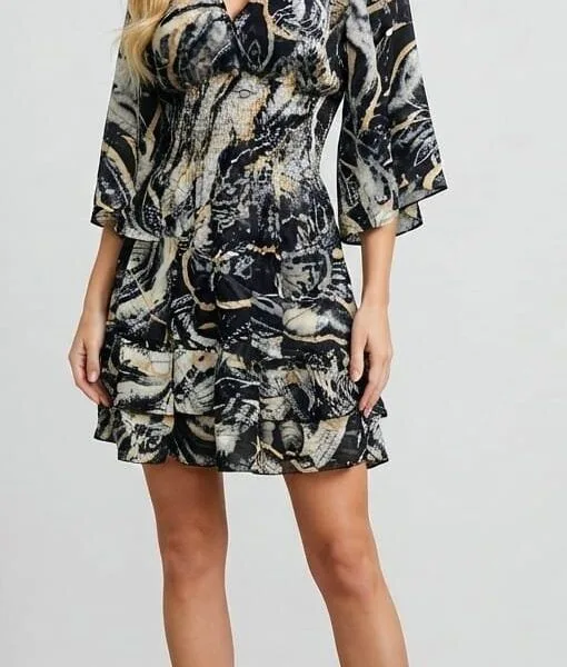 Ink Abstract Bell Sleeve Tiered Mini Dress