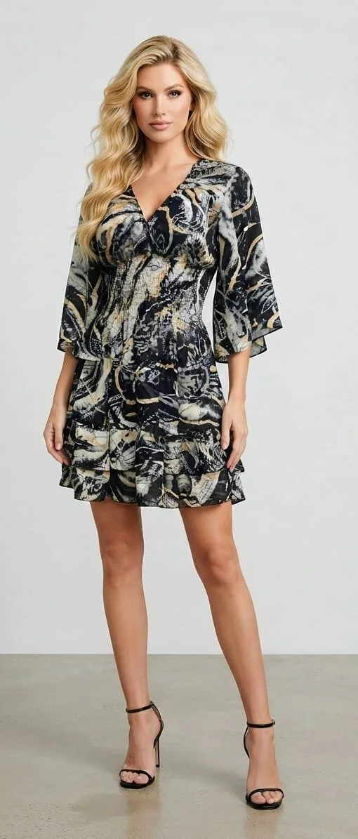 Ink Abstract Bell Sleeve Tiered Mini Dress